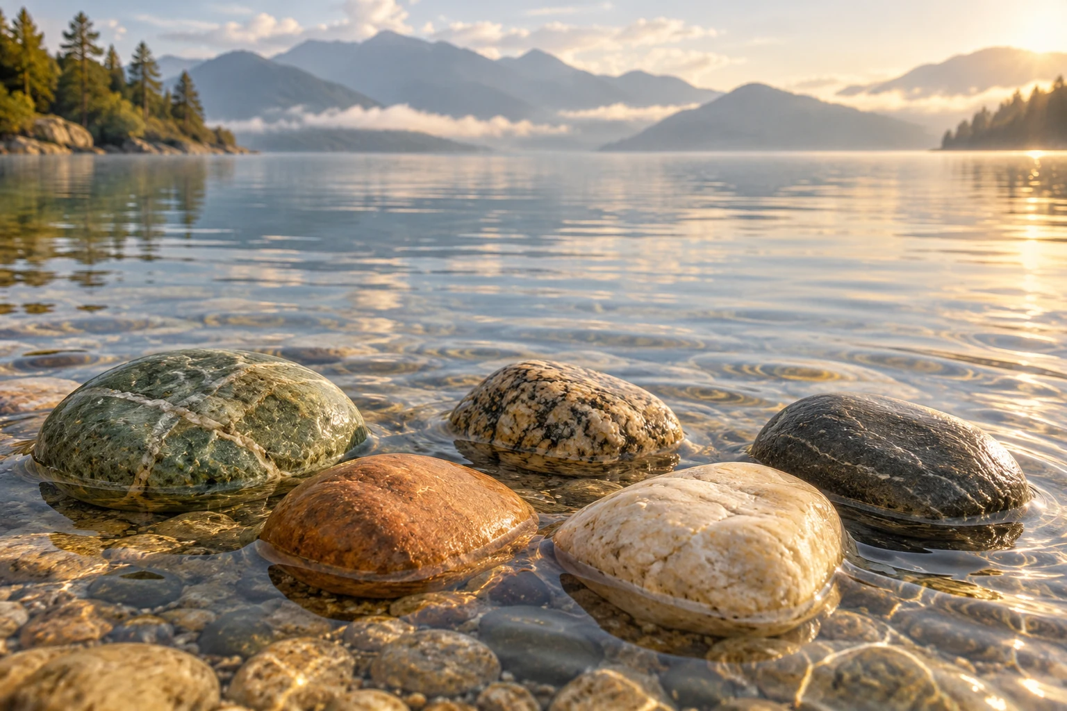 Five differently colored river stones rest in clear shallow lake water at sunrise.