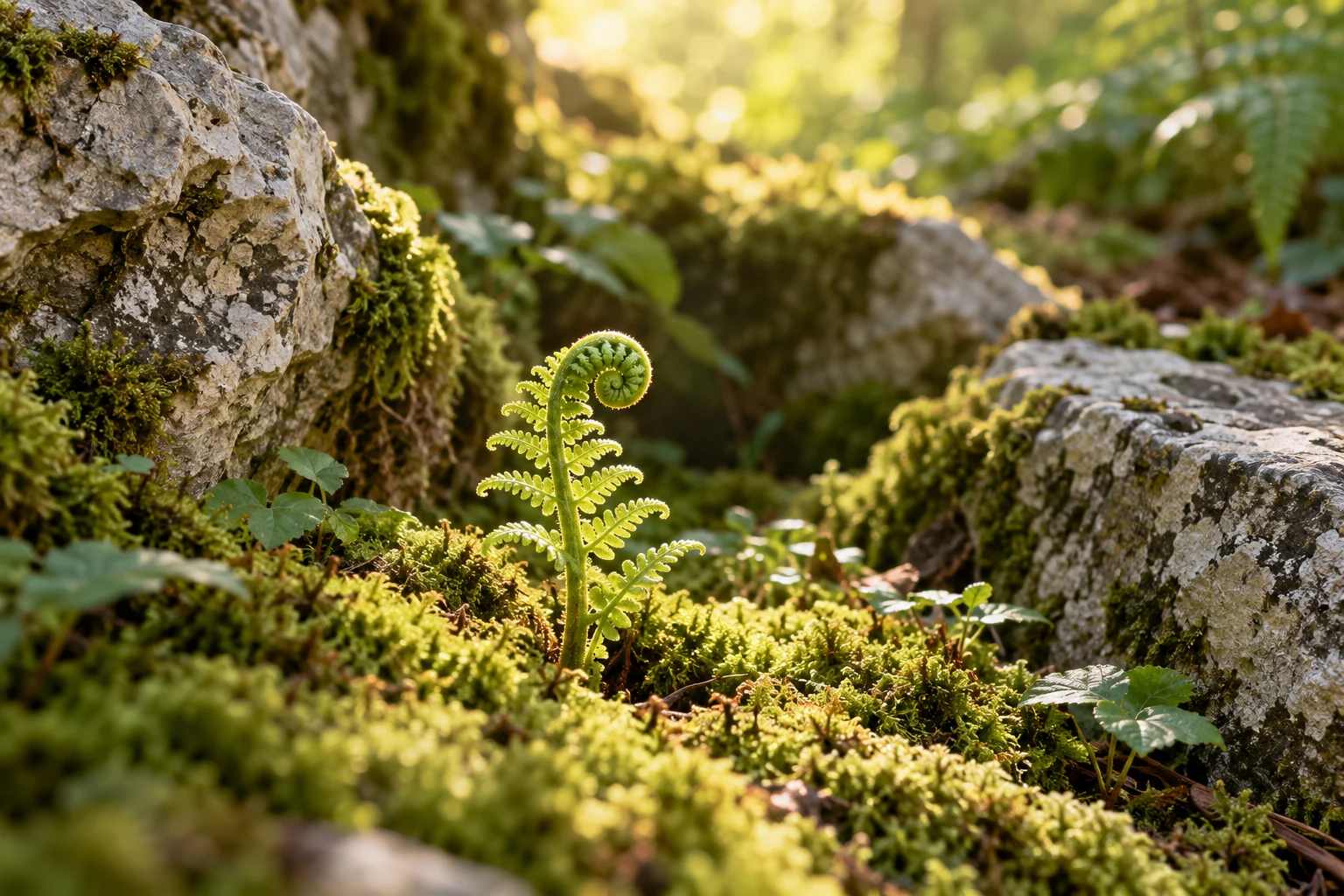 A young fern unfurls among moss and weathered limestone in warm woodland light.