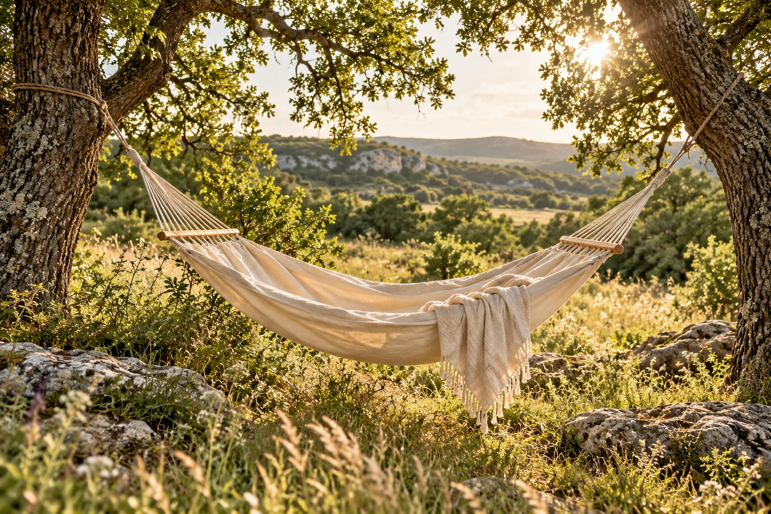 A cream linen hammock hangs between two trees overlooking a sunlit meadow.