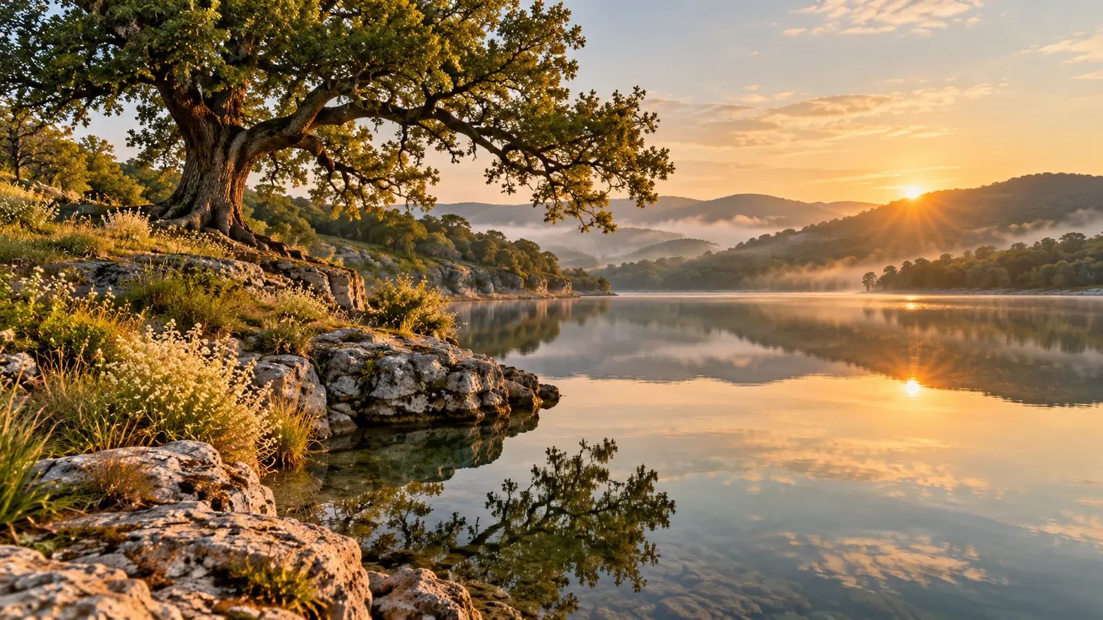An oak tree on a limestone shore is reflected in a still lake beneath golden sunrise and misty hills.