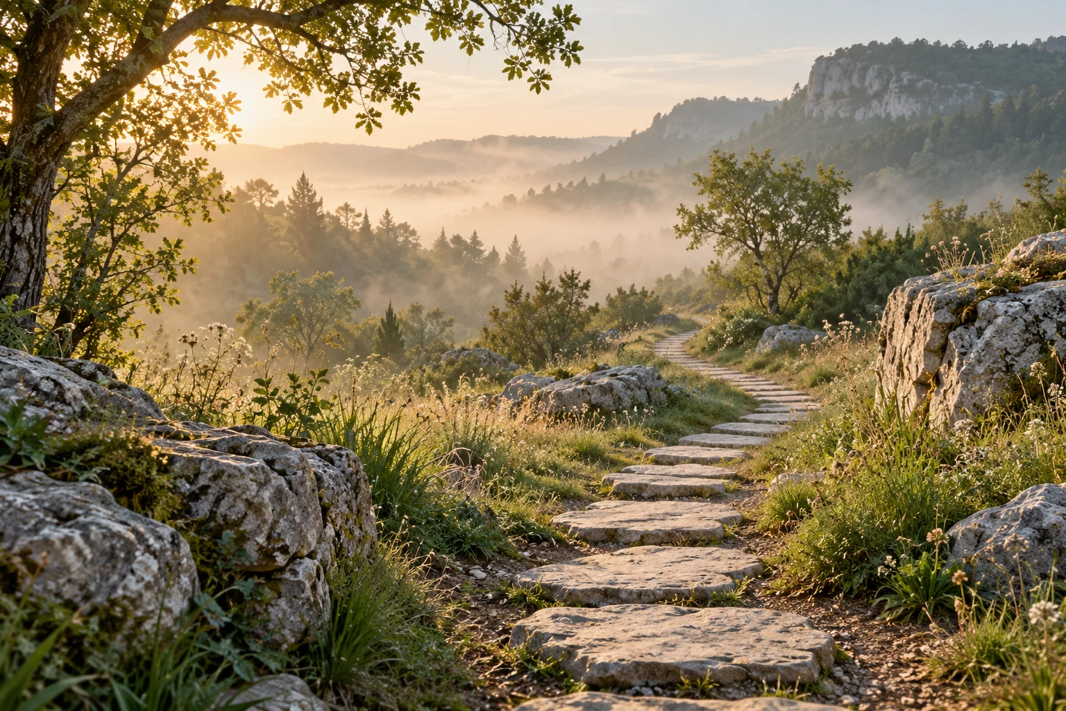 A limestone stepping-stone path winds through a sunlit woodland landscape.