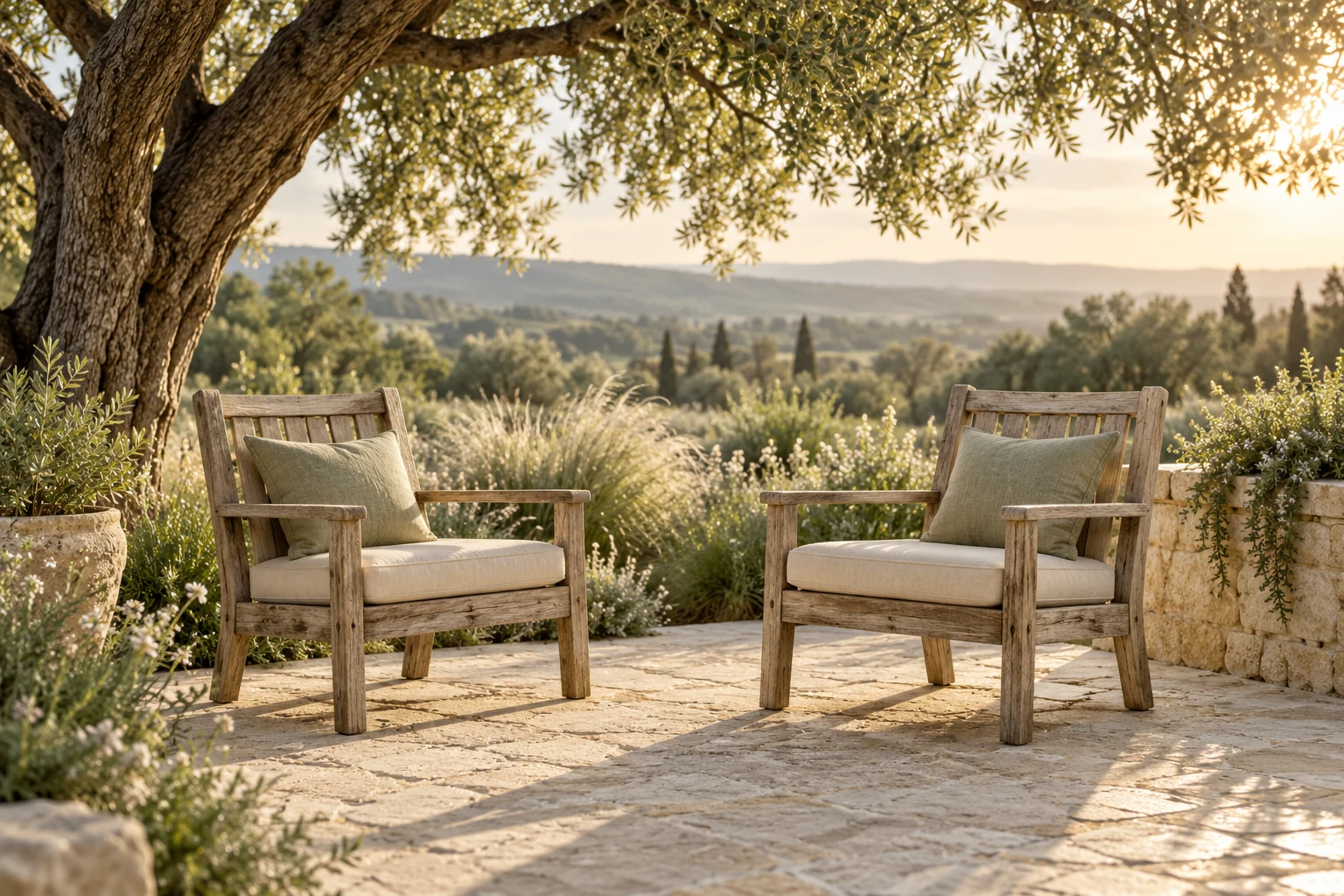 Two wooden chairs face one another on a limestone terrace beneath a tree.