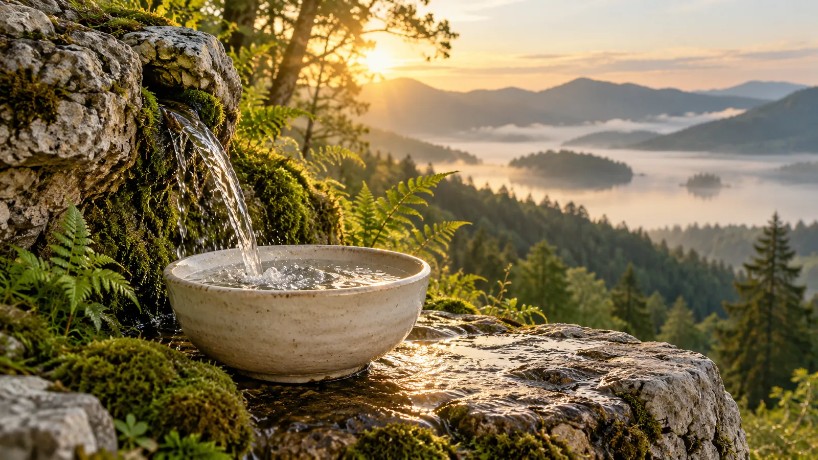 Clear spring water fills a pale ceramic bowl on a limestone ledge above a misty forest lake at sunrise.