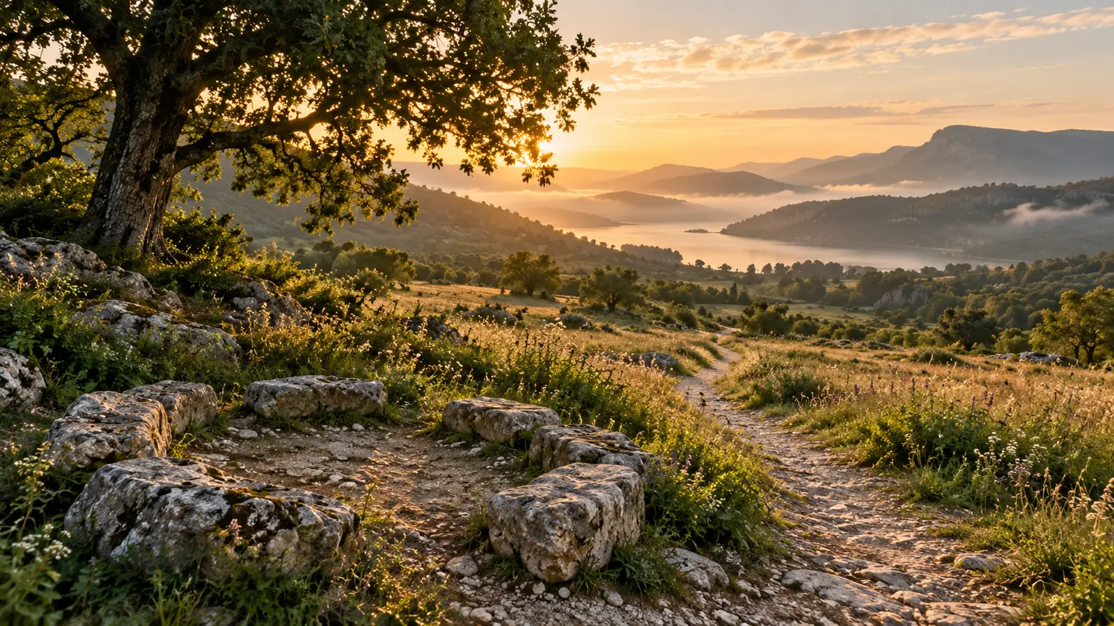 A limestone path leaves a small stone circle and winds through a meadow toward misty hills at sunrise.