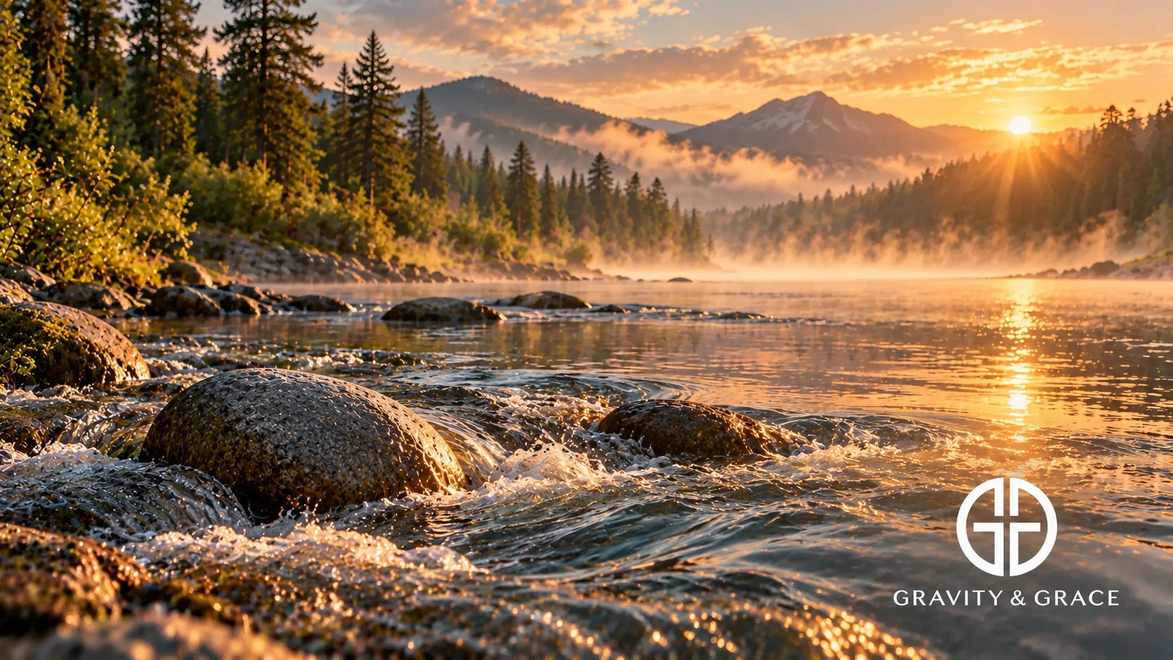 A golden river flows around steady rocks toward misty evergreen hills at sunrise.