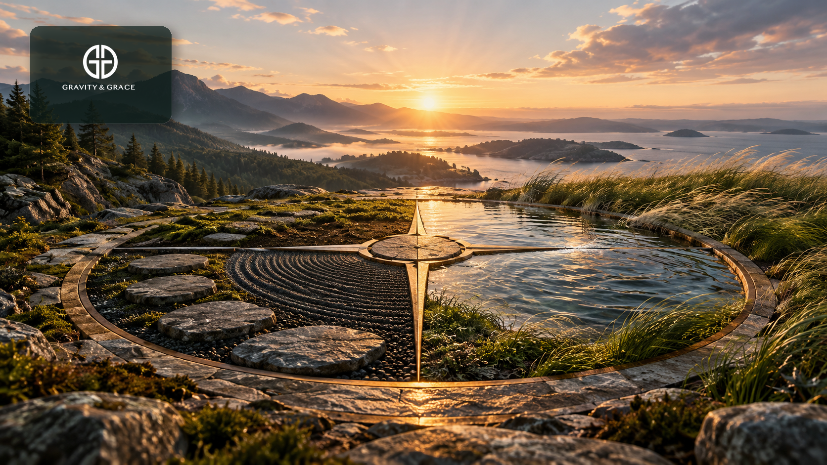 A circular compass brings stone, earth, water, windblown grass, and sunrise into a balanced landscape.