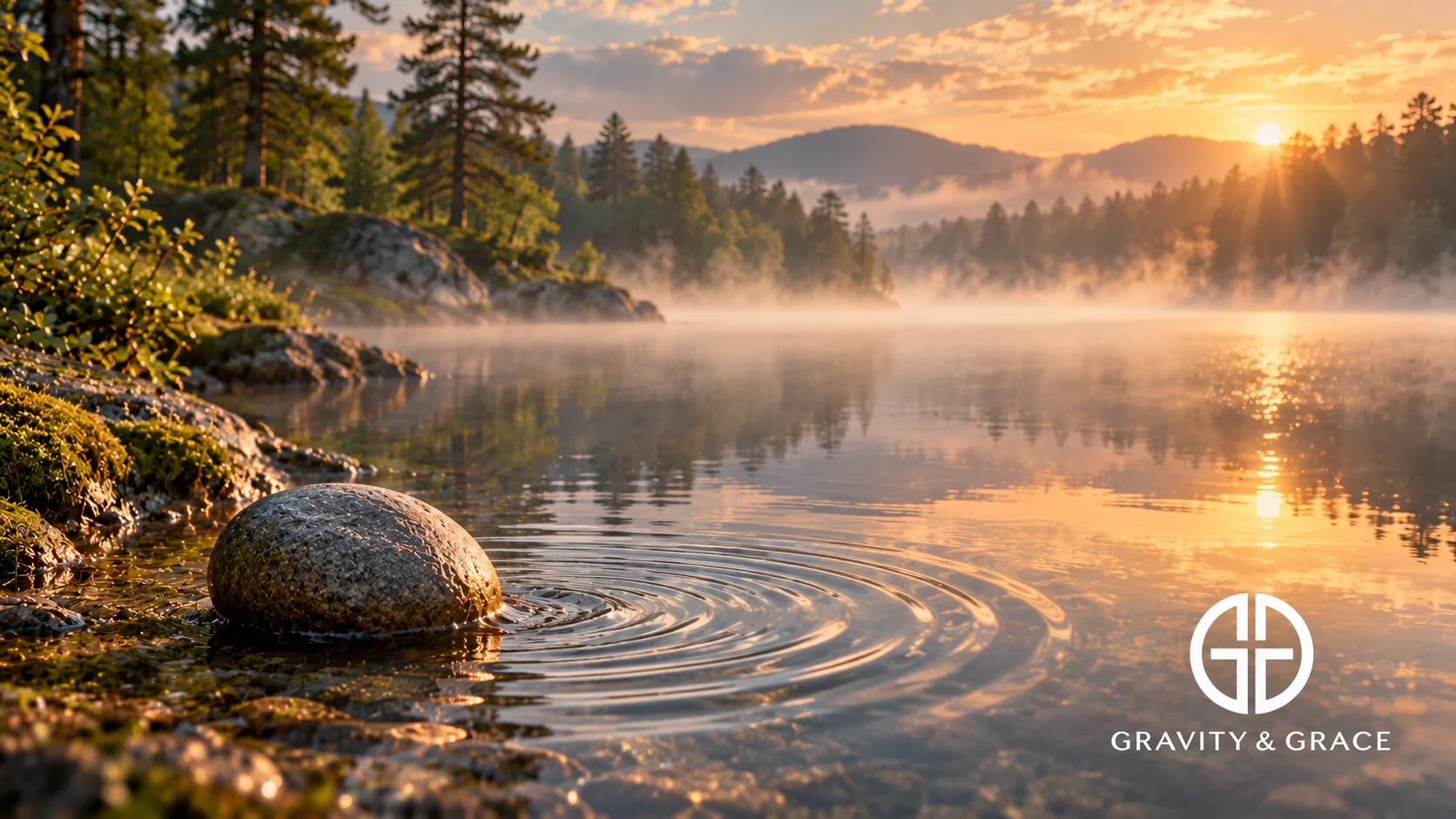 A smooth stone creates gentle ripples in a misty forest lake at sunrise.