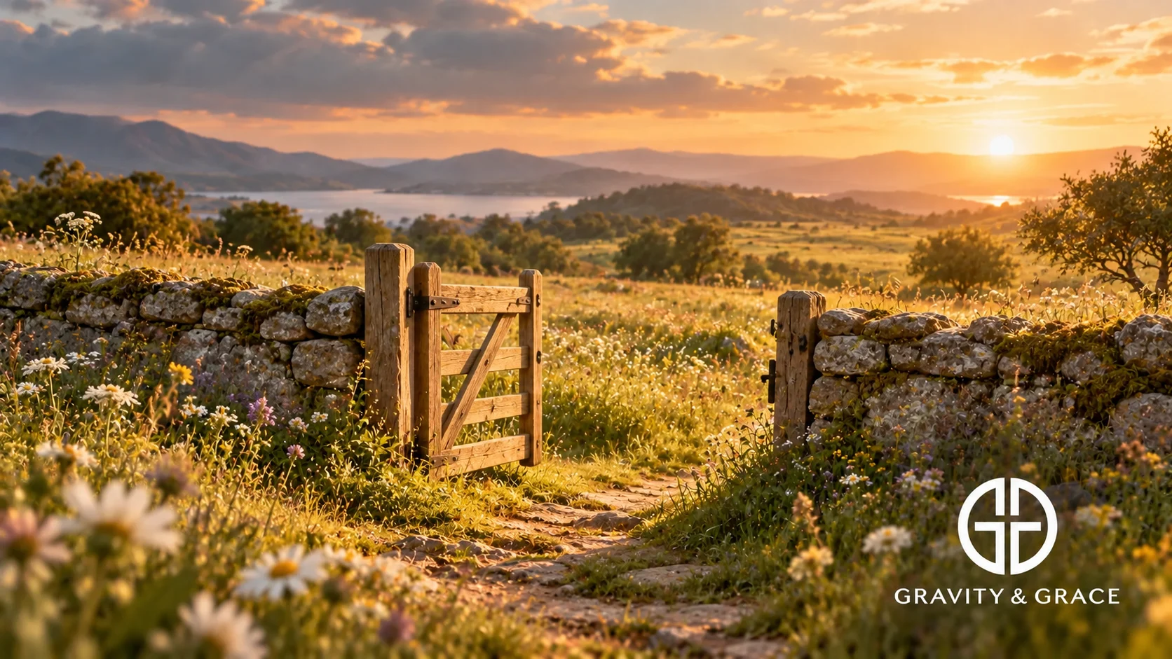 An open wooden gate in a low stone wall leads into a sunlit wildflower meadow.