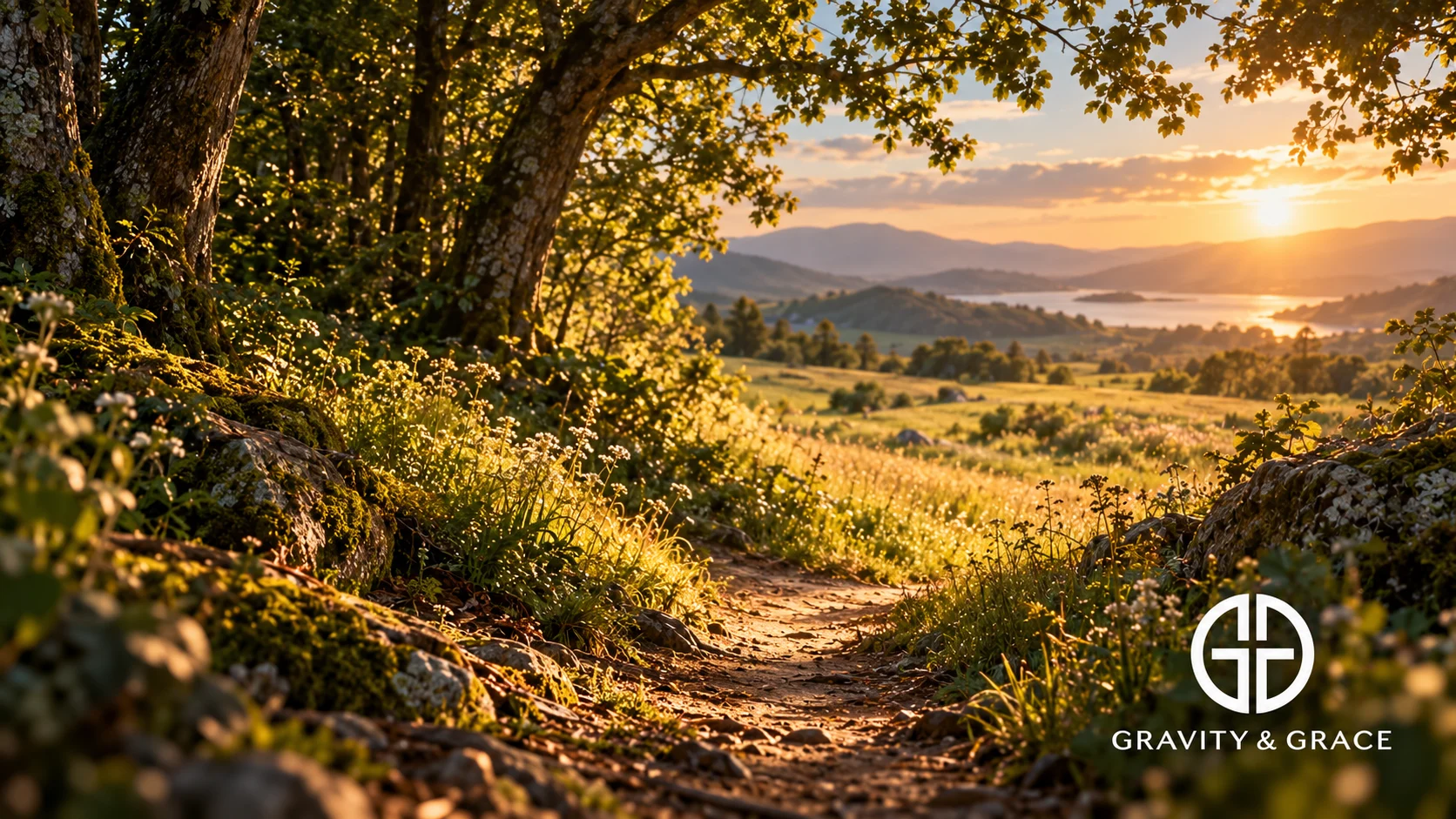 A shaded woodland path opens into a sunlit meadow at golden hour.