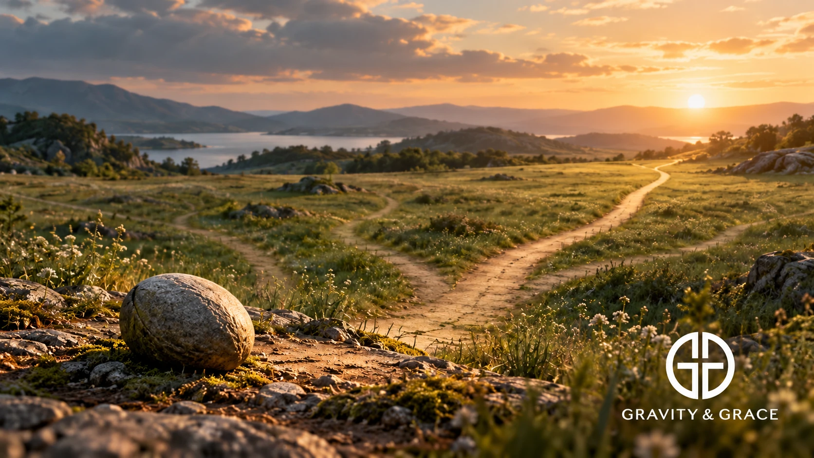 A smooth stone rests beside a dirt path that forks across a sunlit meadow toward distant hills and water.