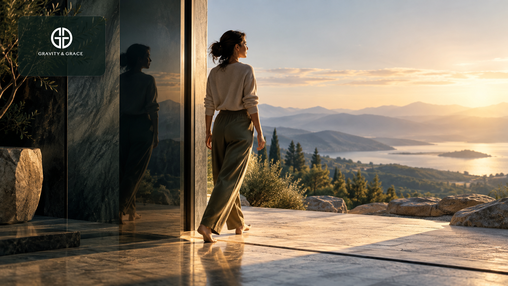 A woman steps from a reflective shadowed doorway into an open landscape illuminated by morning light.