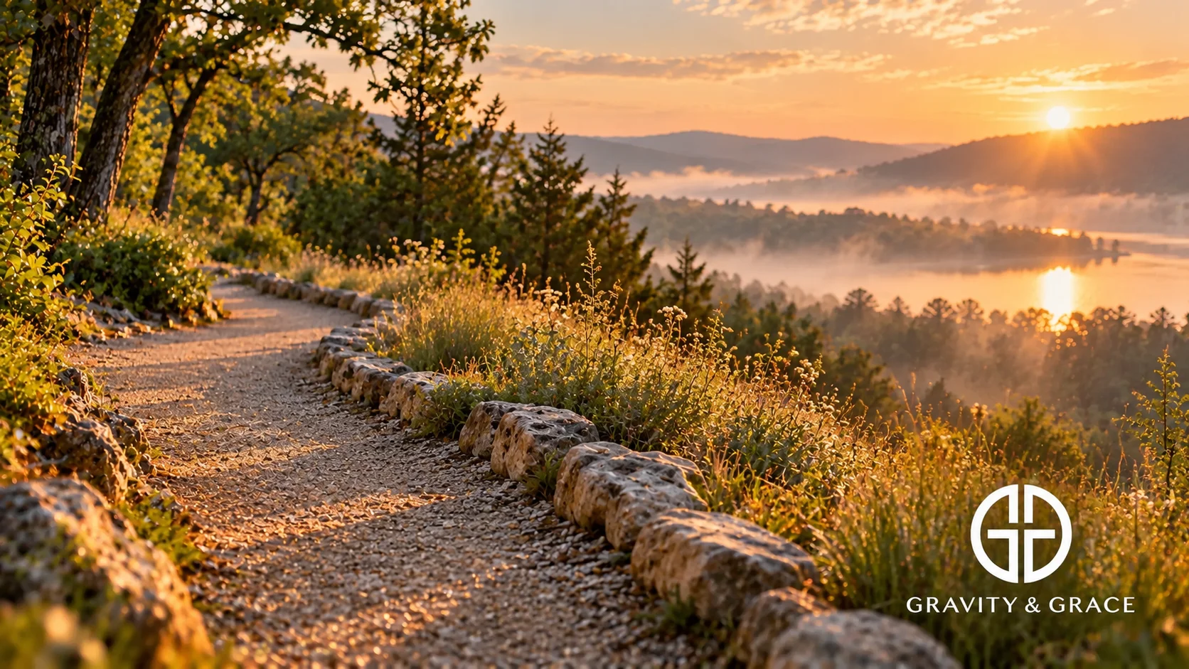 A curving path bordered by low limestone stones and native grasses at sunrise.