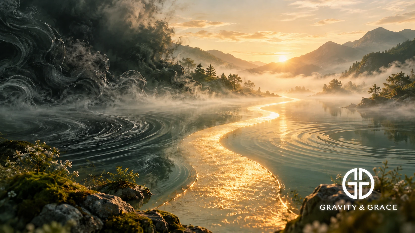 A golden, calm river path winds through misty mountains beside dark, swirling storm water at sunrise.