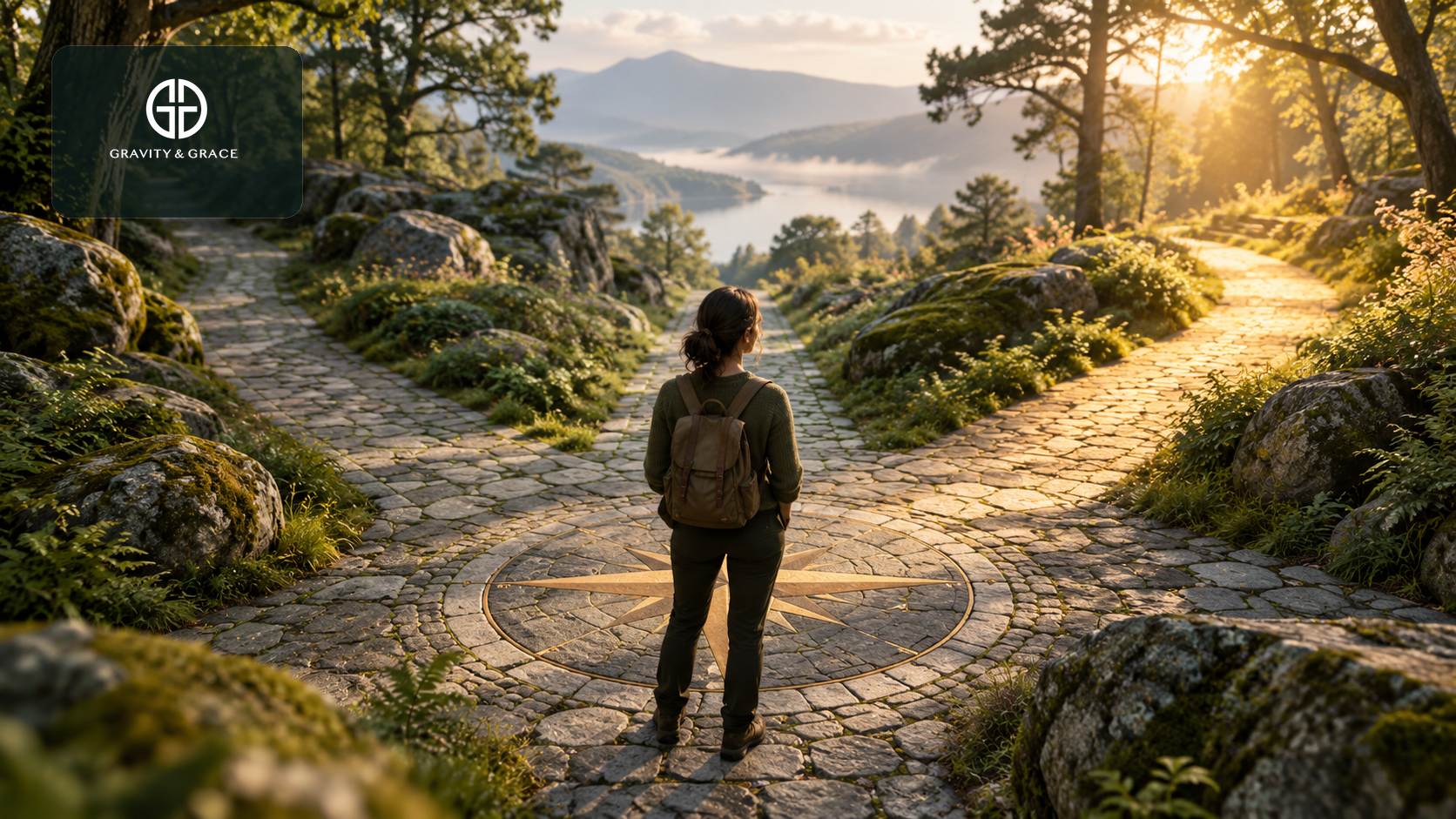 A woman pauses on a compass-shaped stone path where three woodland routes open in different directions.