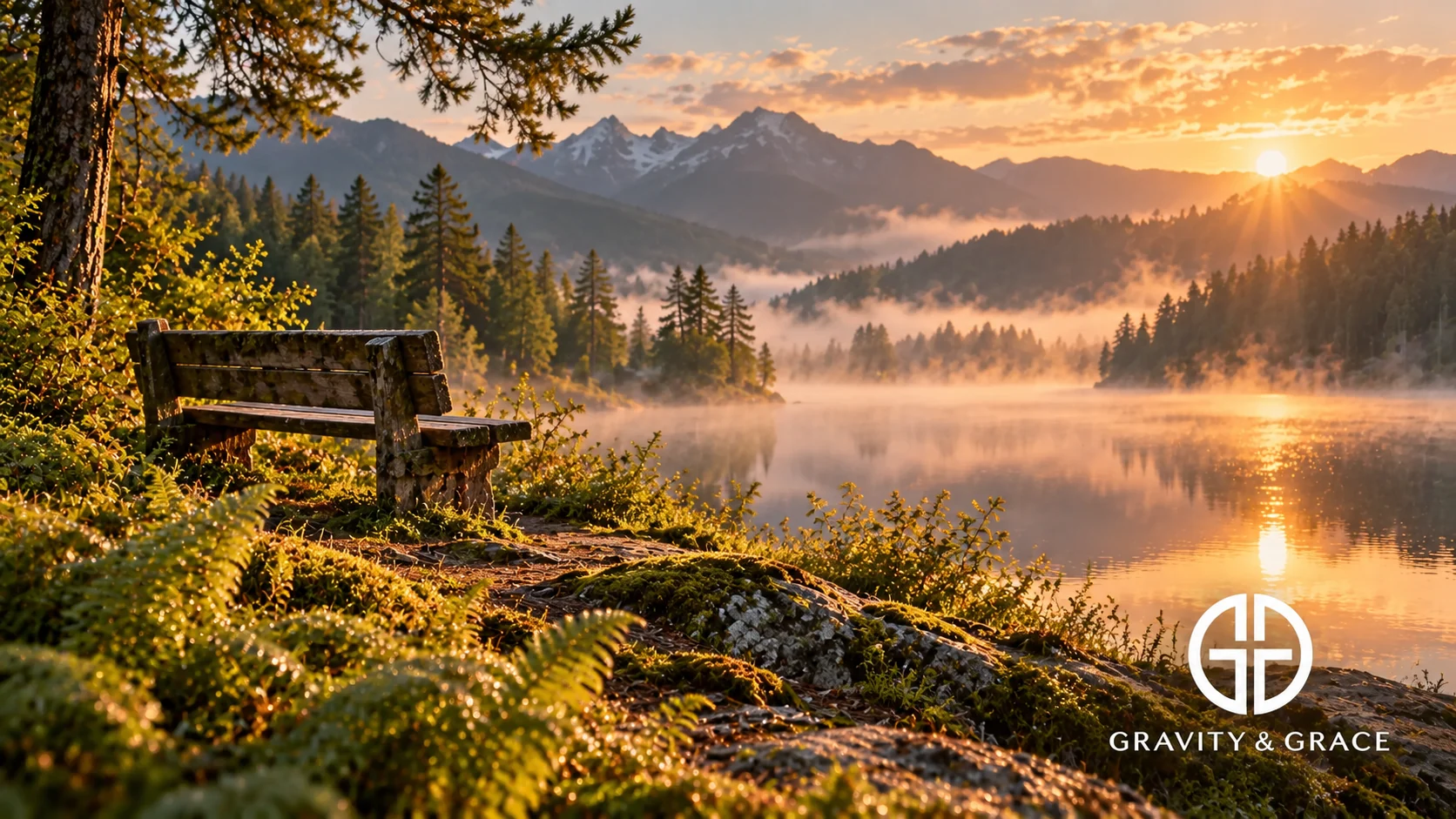 An empty wooden bench overlooks a quiet mountain lake in warm morning light.