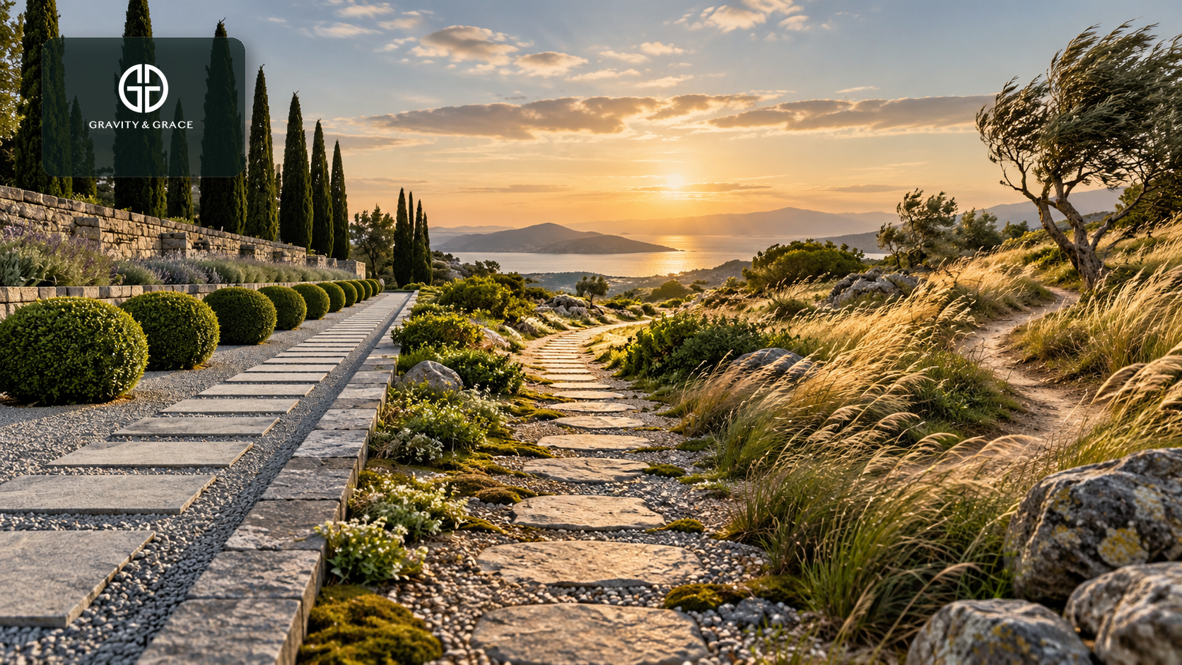 A precise stone garden and a windblown natural path meet in a balanced route toward the horizon.