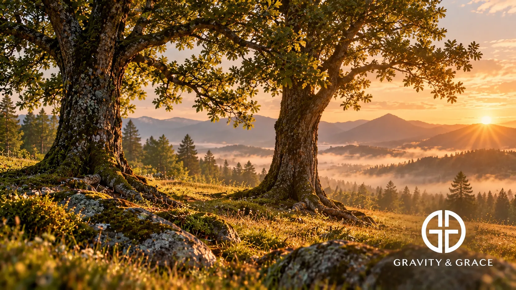 Two trees with distinct trunks and roots stand together in a sunlit meadow.