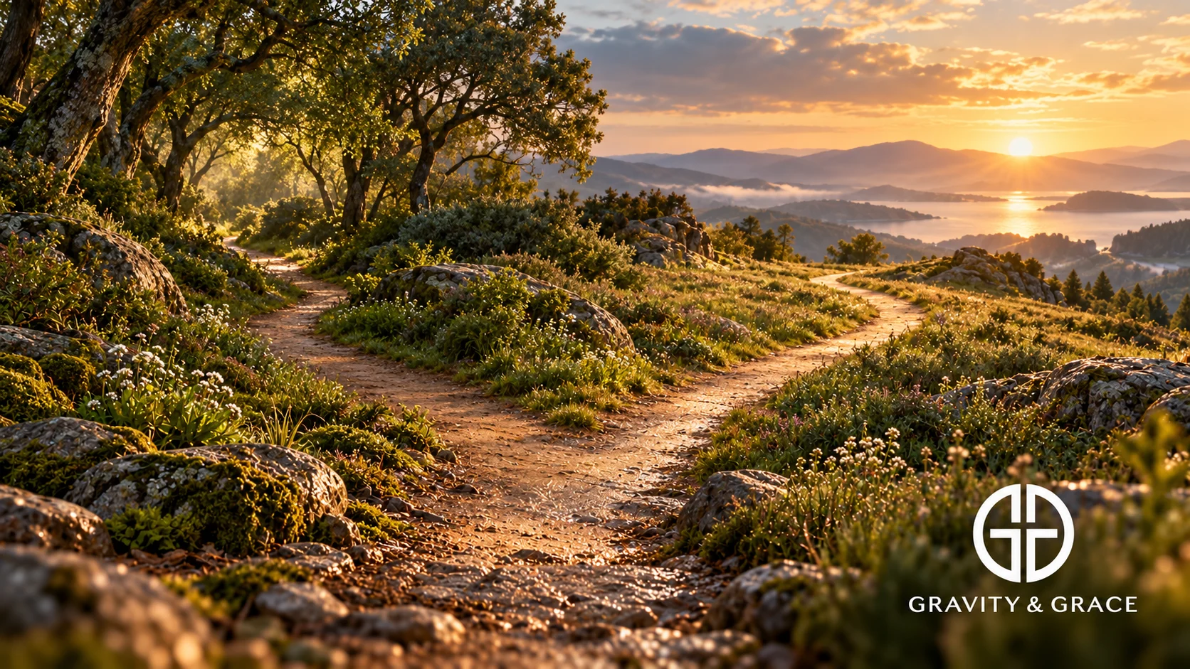 Two peaceful paths diverge through a mountain landscape at sunrise.