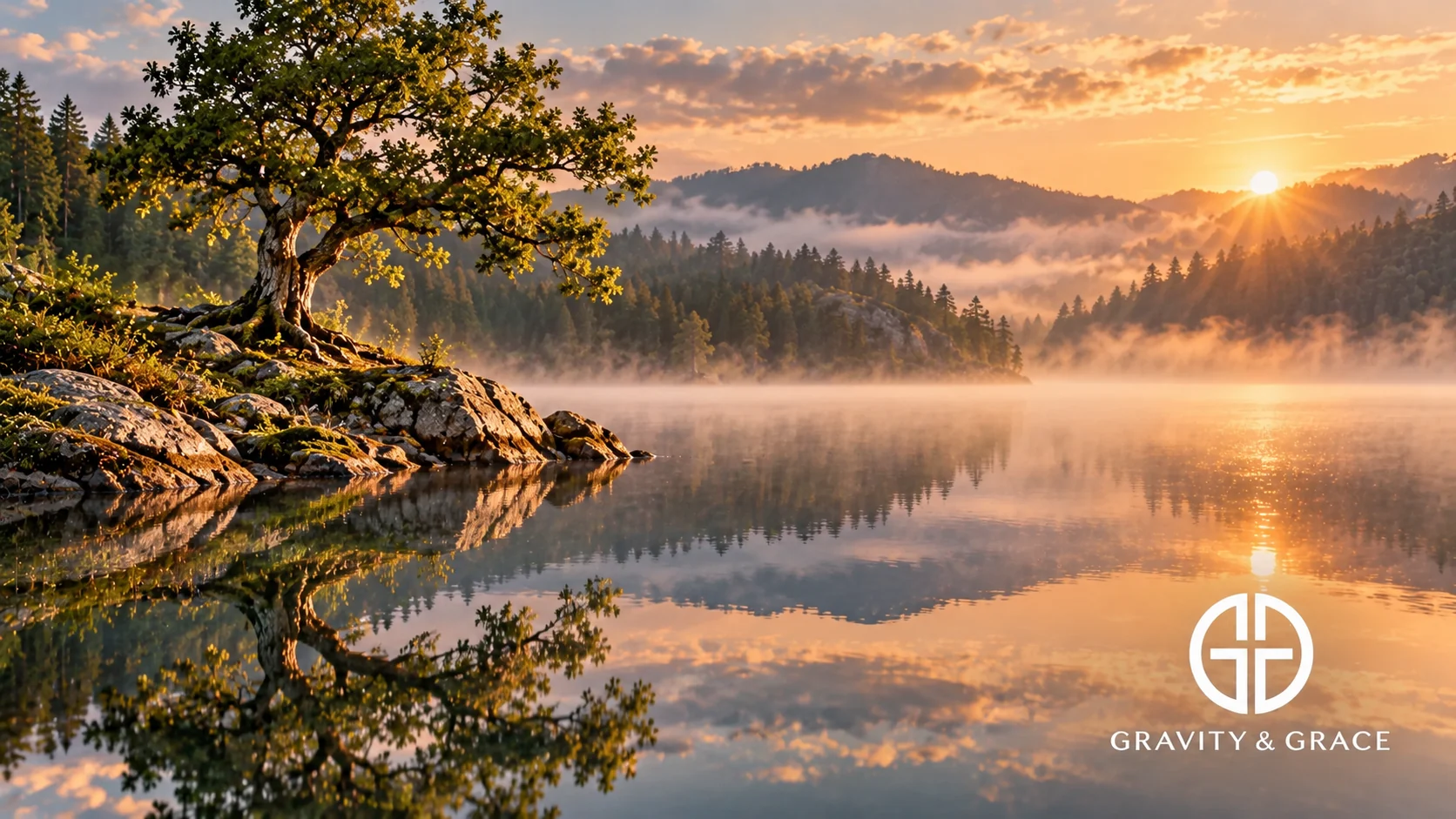 A leafy tree rooted on a rocky shore is reflected in a still lake at sunrise.