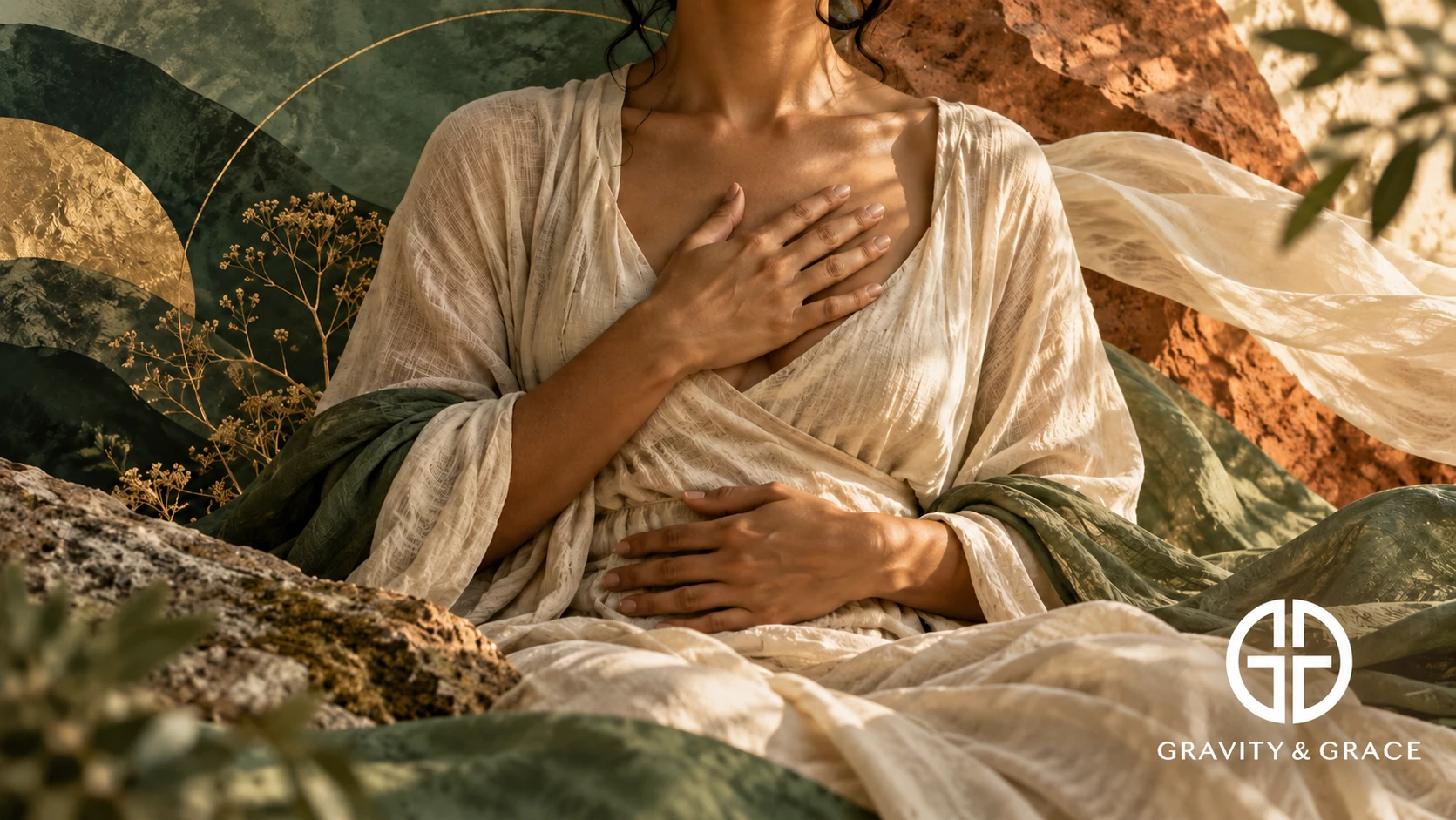A woman in soft linen rests one hand on her heart and one on her belly, settling into her body.