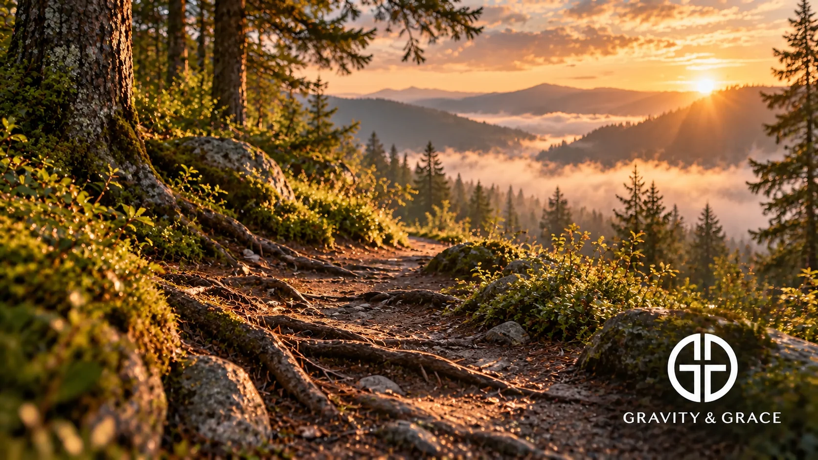 A woodland path crosses exposed roots and stones toward golden light and misty hills.