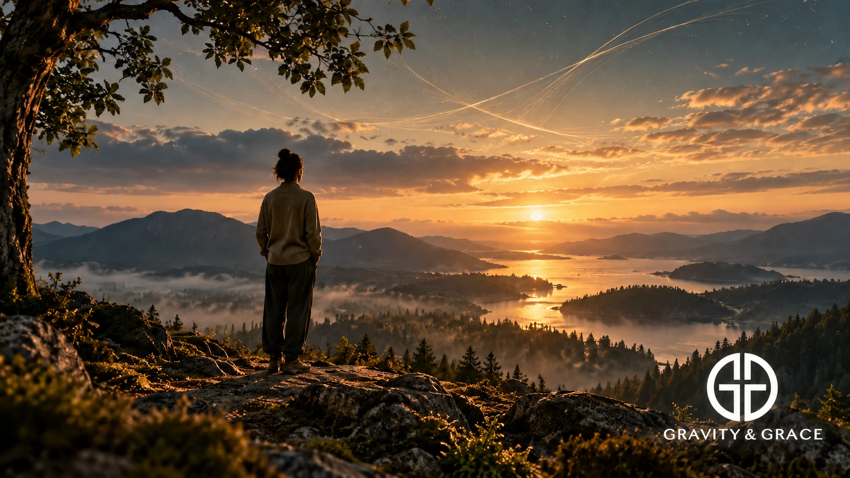 A person stands beneath a tree on a rocky overlook, watching the sun set over misty forests and water.