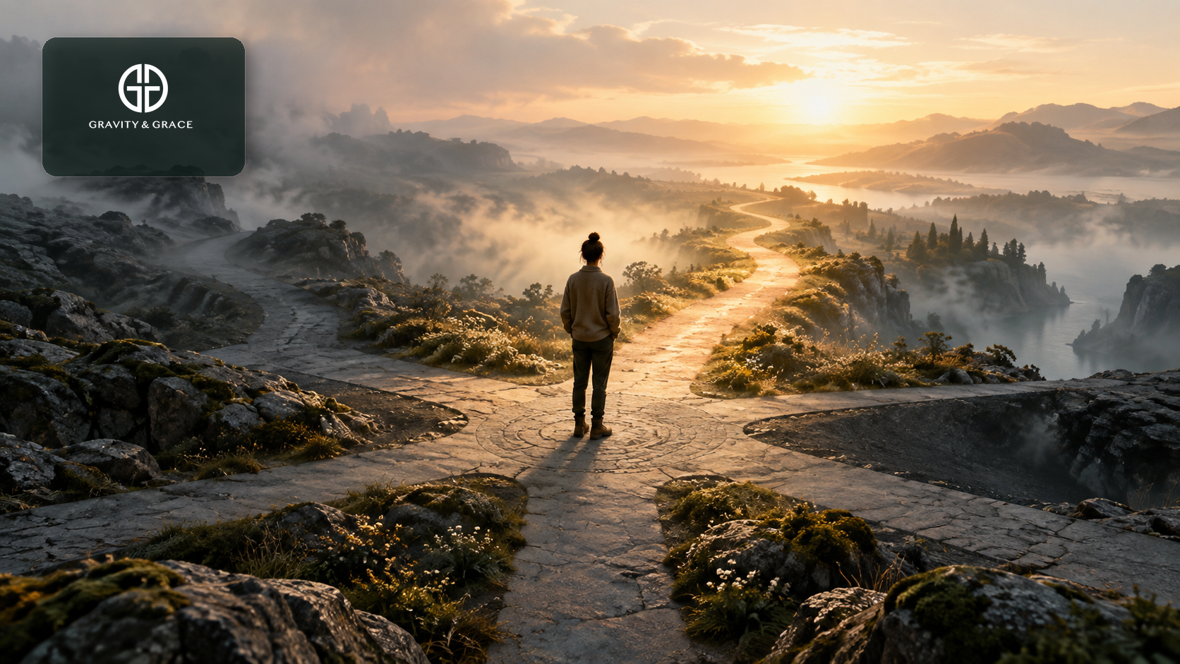 A woman stands at a stone crossroads as a sunlit path opens through a misty mountain landscape.